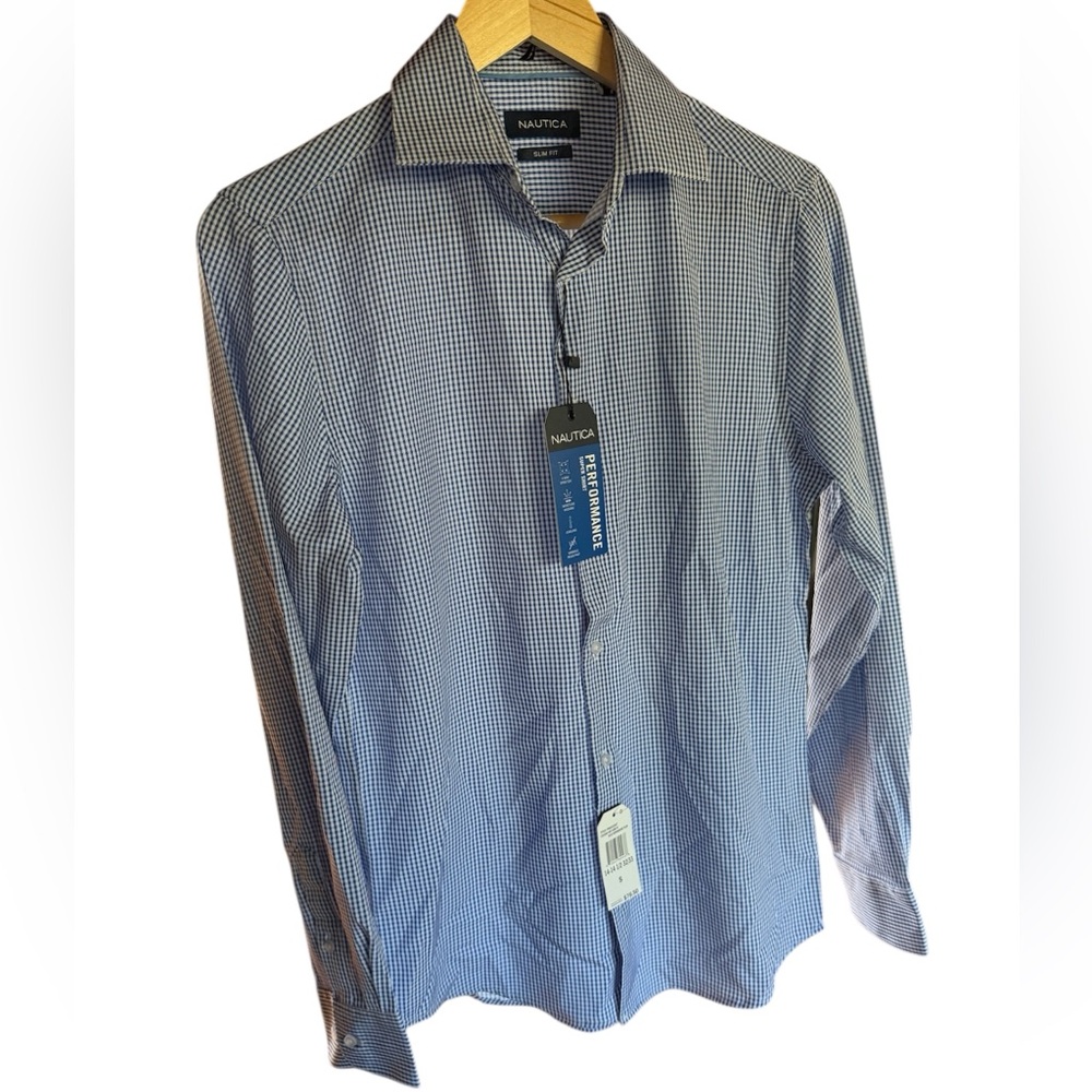 Nautica Mini Check Pattern Dress Shirt in Navy/White